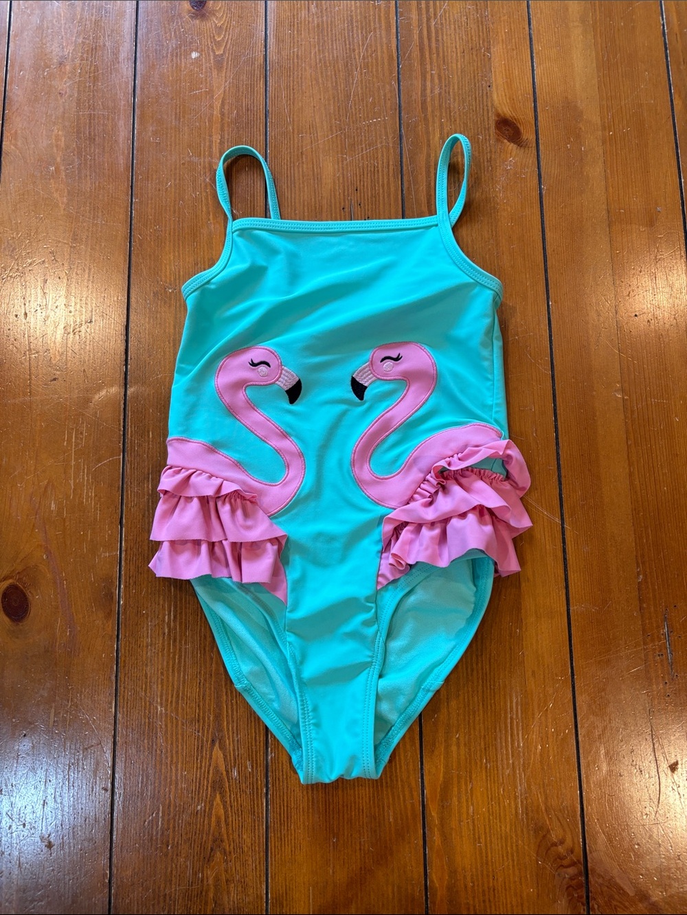 Gymboree Turquoise and Pink Flamingo Ruffle One-Piece Swimsuit Size 7